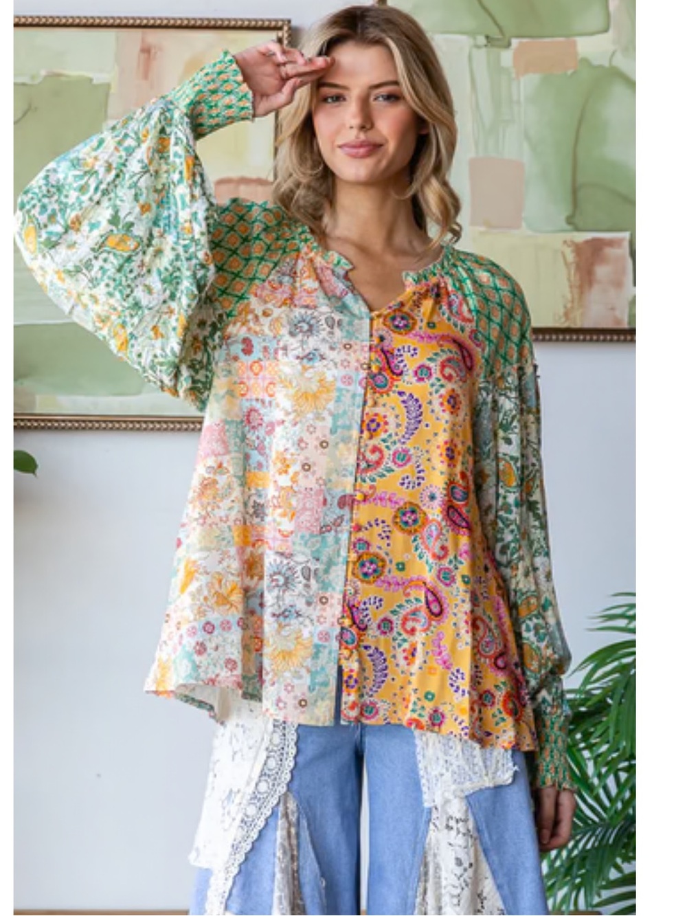 New: Oli & Hali Mixed Patchwork Button Front Long Balloon Sleeve Boho Blouse• XL - Picture 2 of 6
